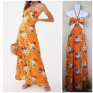 Tropical Halter Cutout Maxi Dress